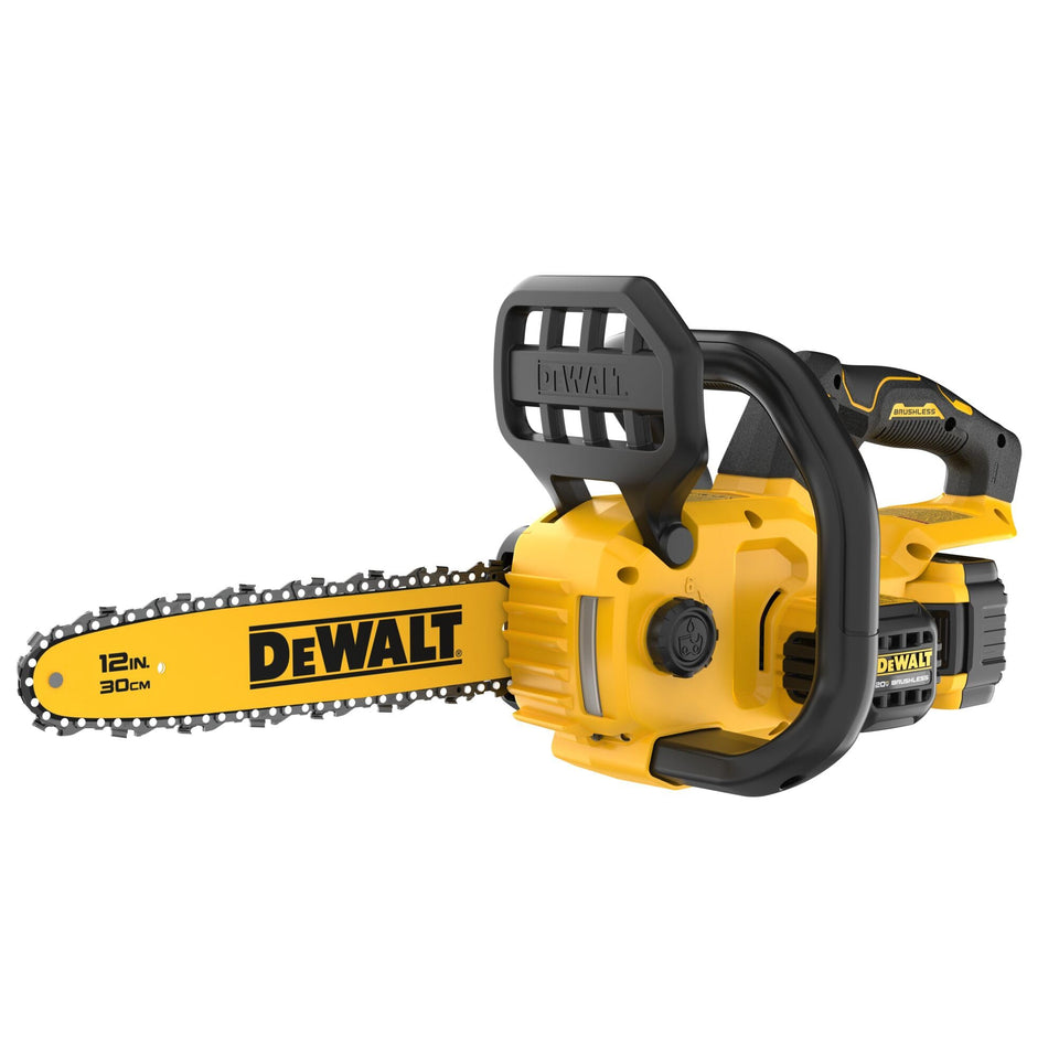 DEWALT 20V Max chainsaw with battery included for quick, clean cuts.