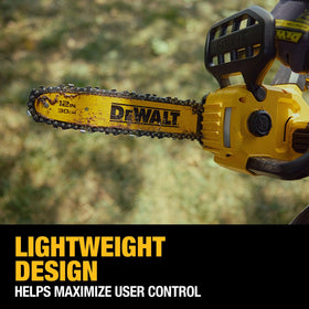 12-inch bar cutting branches with the DEWALT cordless kit.