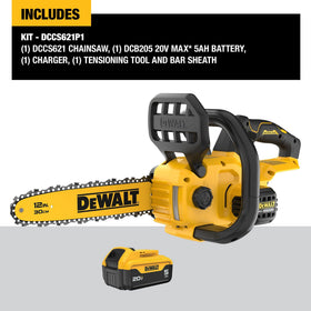 DEWALT chainsaw kit highlighting low kickback bar for safer outdoor cuts.