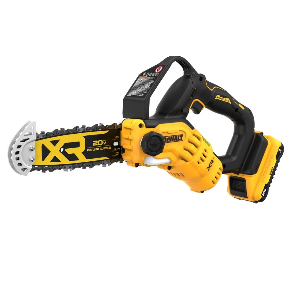 DEWALT 20V MAX 8in pruning chainsaw in use for branch trimming with reduced fatigue.