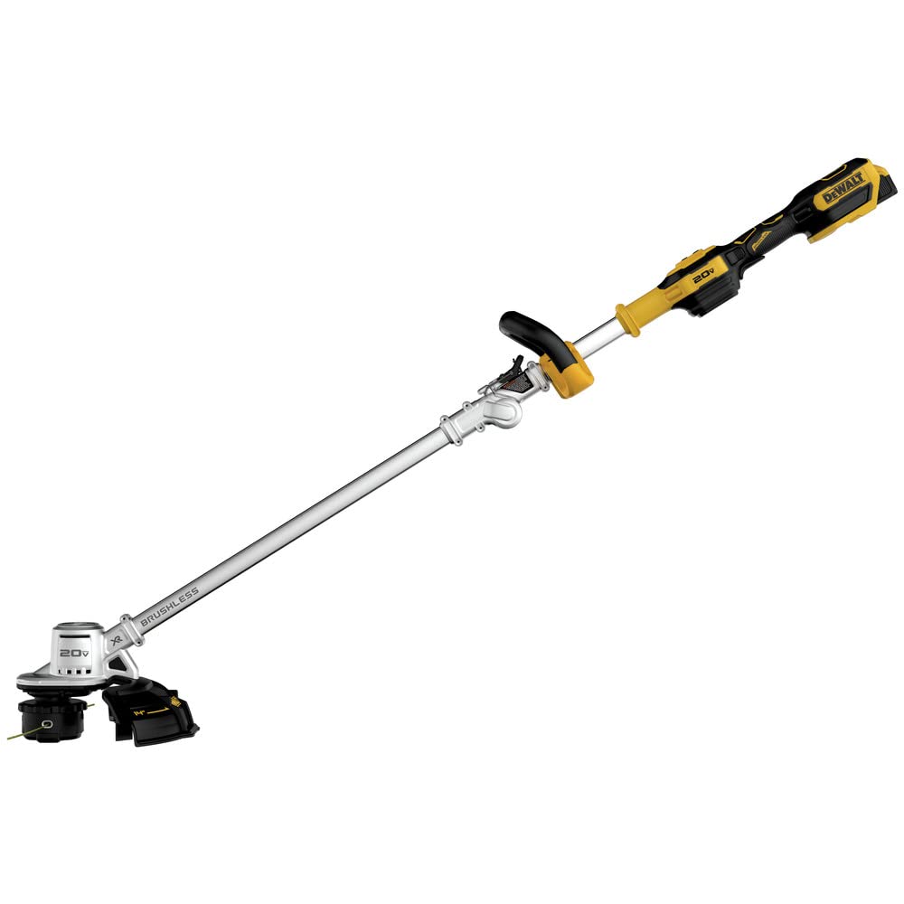 DEWALT 20V MAX trimmer with 14 inch swath for wide coverage.