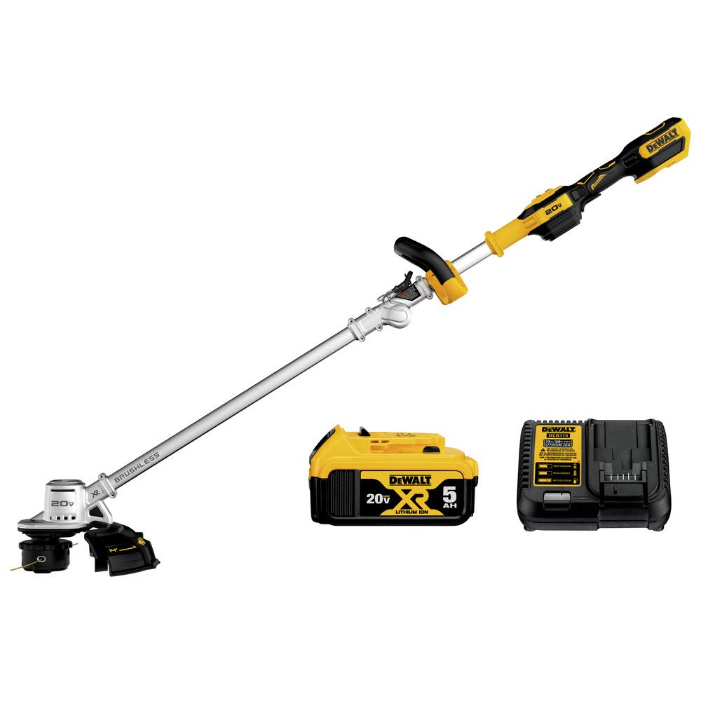 DEWALT 20V MAX trimmer with folding hinge for compact storage.