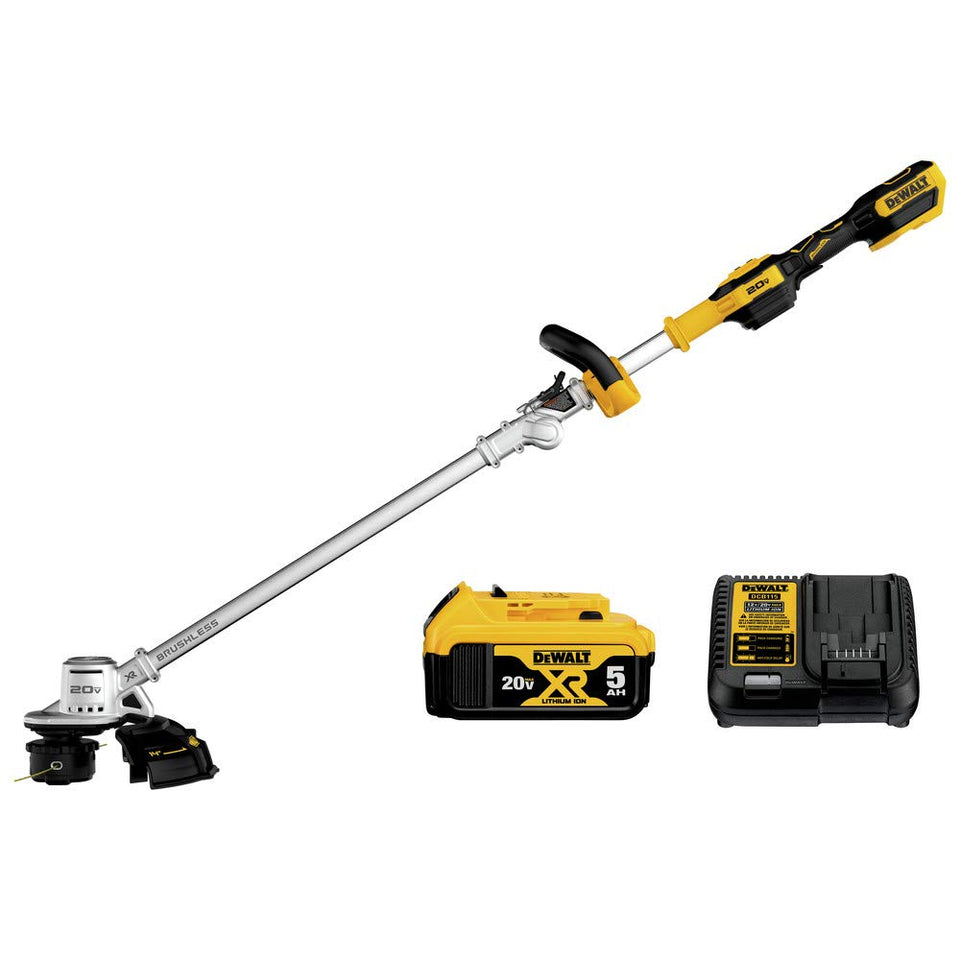 DEWALT 20V MAX trimmer with folding hinge for compact storage.