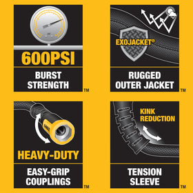 DEWALT 600 PSI burst rating supports tough cleaning and reliable performance.