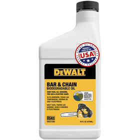 DEWALT biodegradable bar and chain oil bottle showing eco-friendly lubrication