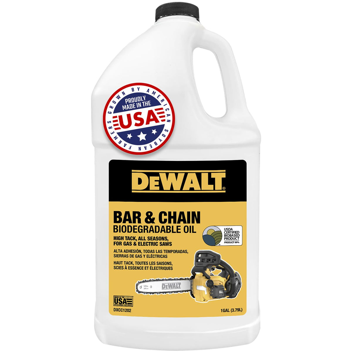 DEWALT biodegradable bar and chain oil in green label for eco-friendly, long-lasting lubrication.