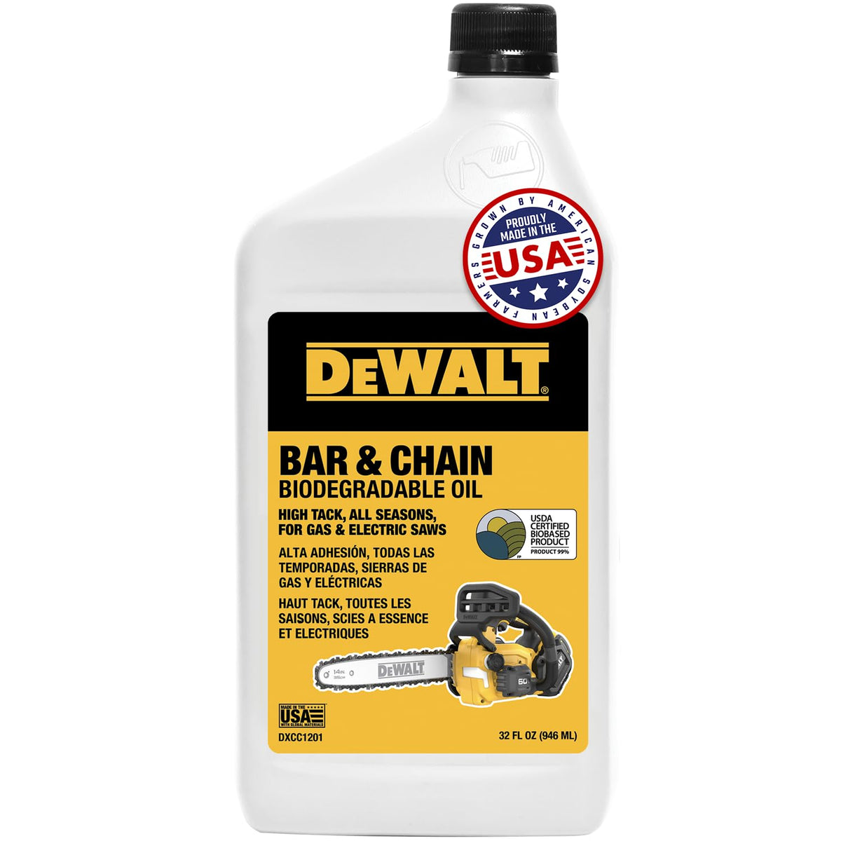 DEWALT biodegradable bar and chain oil bottle shows eco-friendly formulation for responsible lubrication.