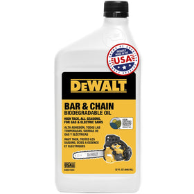 DEWALT biodegradable bar and chain oil bottle shows eco-friendly formulation for responsible lubrication.