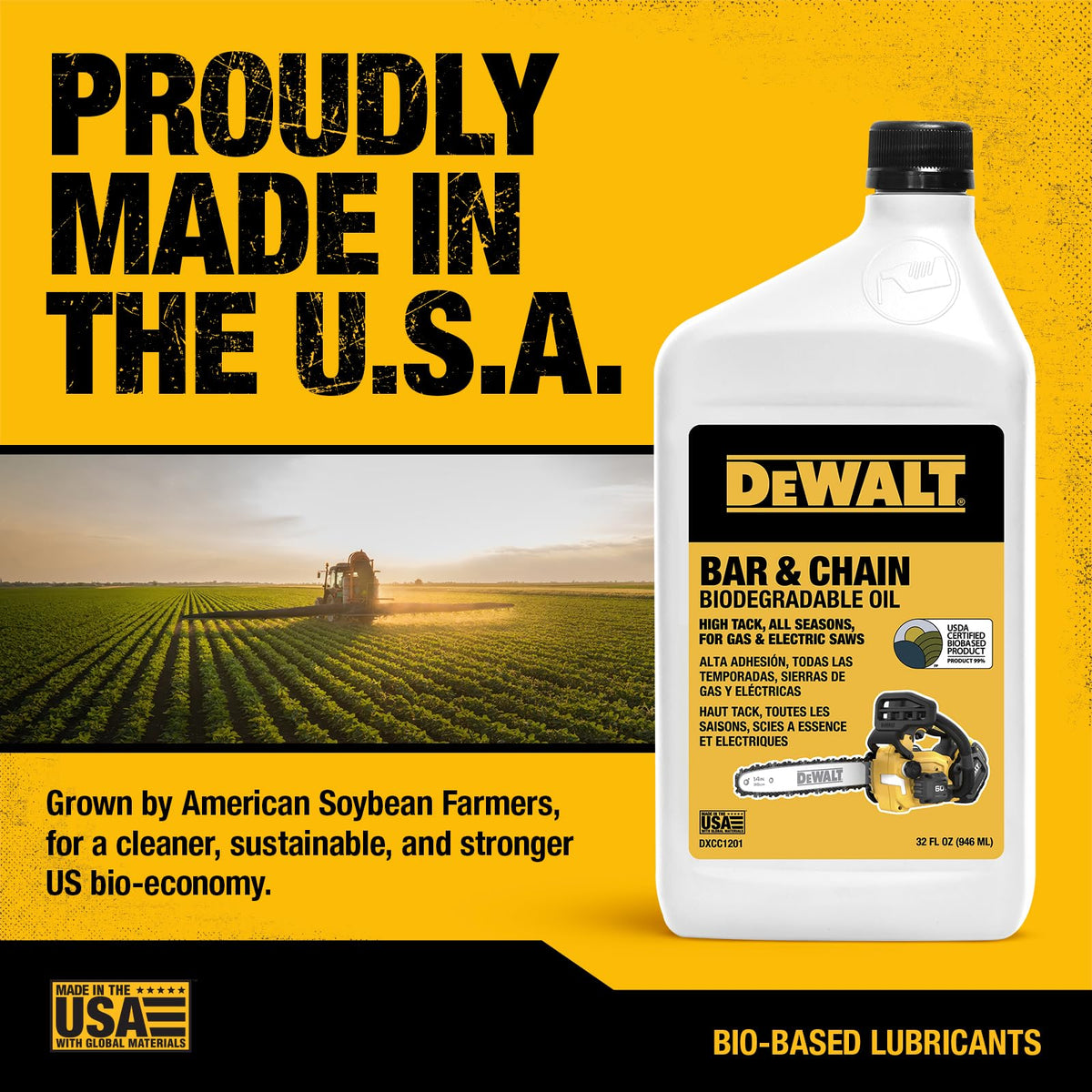 DEWALT oil label highlights soy-based, non-toxic ingredients.