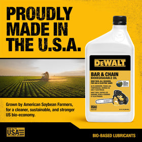 DEWALT oil label highlights soy-based, non-toxic ingredients.