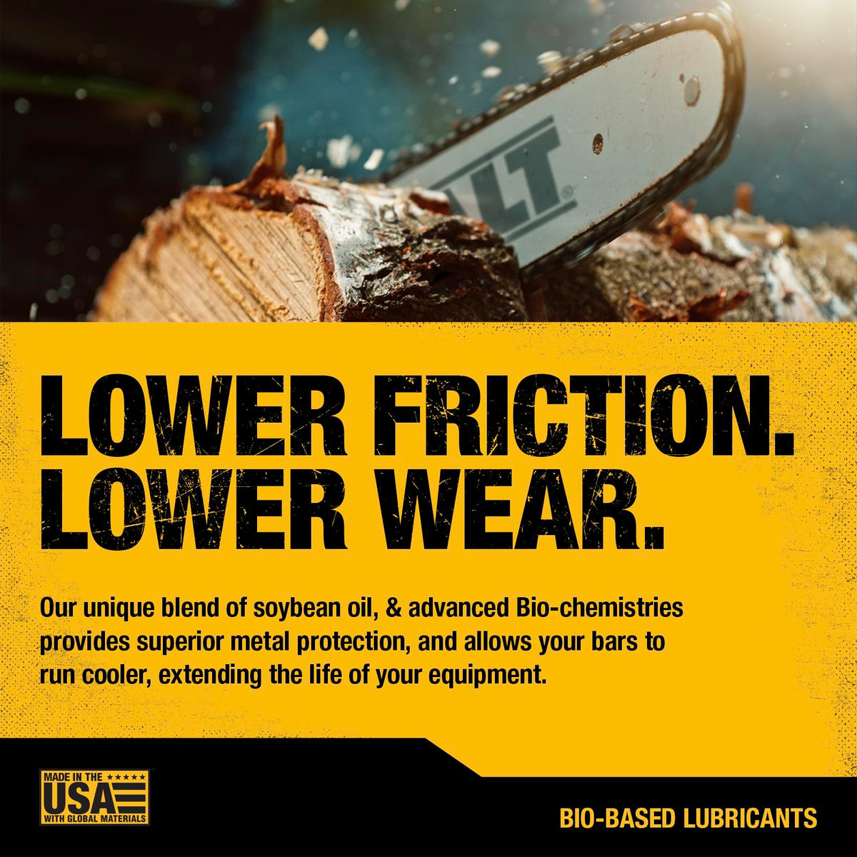 DEWALT biodegradable bar and chain oil pour demonstrates quick, clean application.