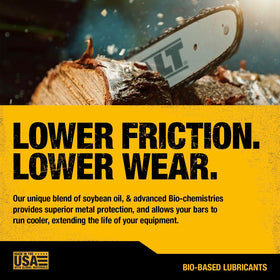 DEWALT biodegradable bar and chain oil pour demonstrates quick, clean application.