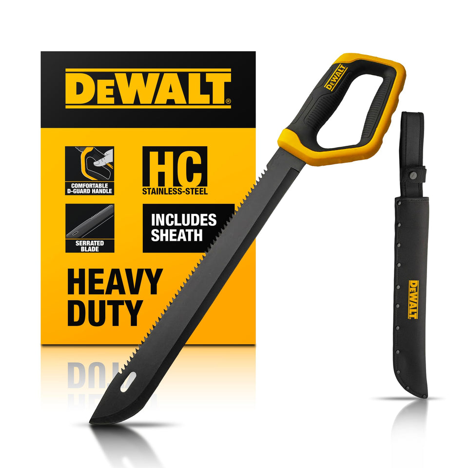 DEWALT MA61 machete blade close-up reveals rugged 3Cr13 stainless steel edge for reliable brush cutting.
