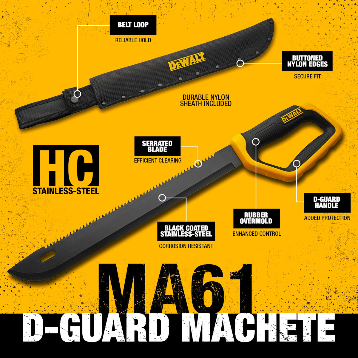 DEWALT machete with saw back edge for cutting light branches and vines.