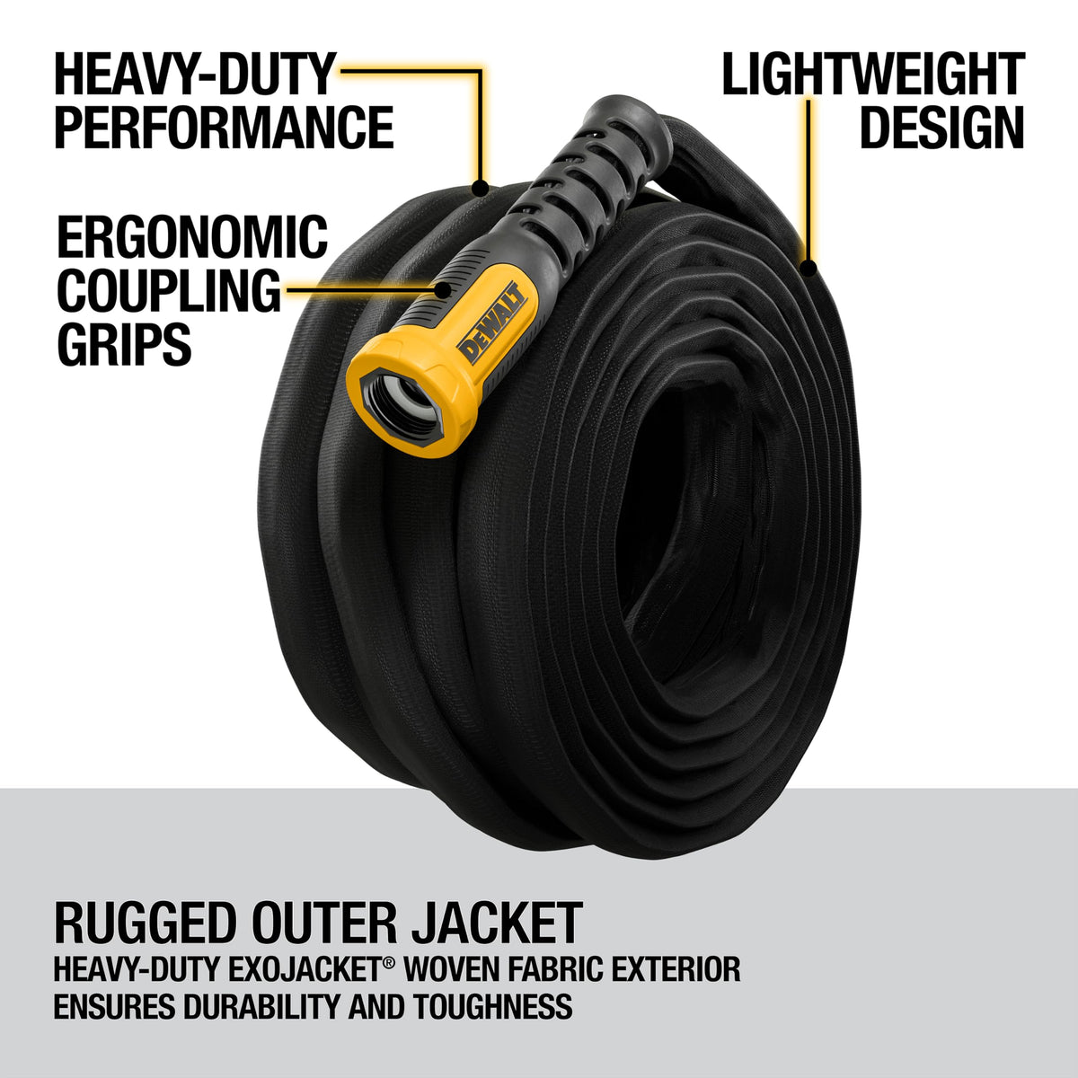 DEWALT heavy-duty nylon-core hose enhances durability and long life.