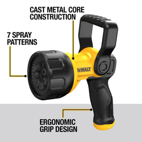 DEWALT Hydro Cannon Nozzle featuring 7-pattern dial for versatile watering, from plants to patio cleaning.