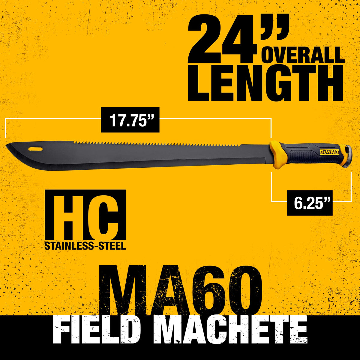 DEWALT MA60 field machete saw-back demonstrates integrated cutting spine