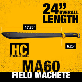 DEWALT MA60 field machete saw-back demonstrates integrated cutting spine