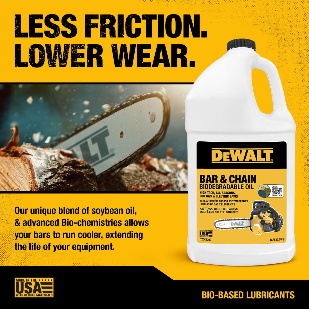 DEWALT soy-based oil offers non-toxic lubrication with reduced environmental impact.