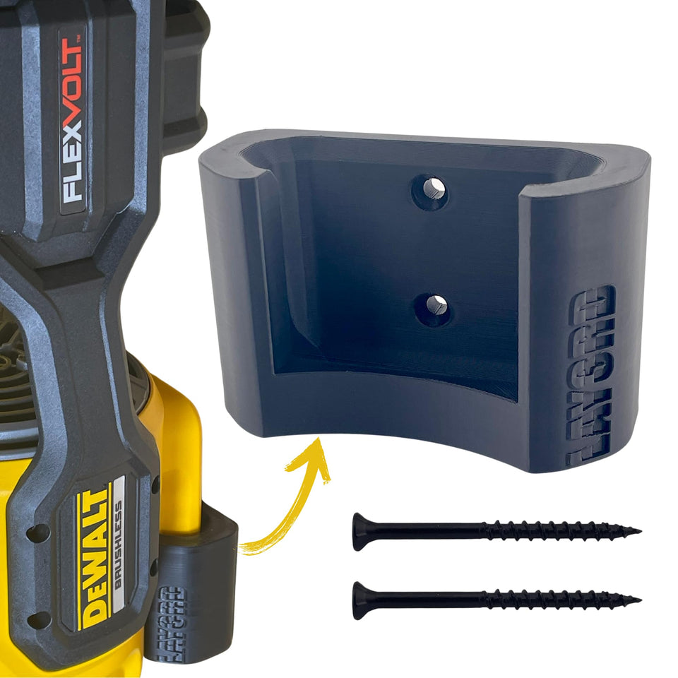 Dewalt wall mount for 60V blower front view showing secure, space-saving design.