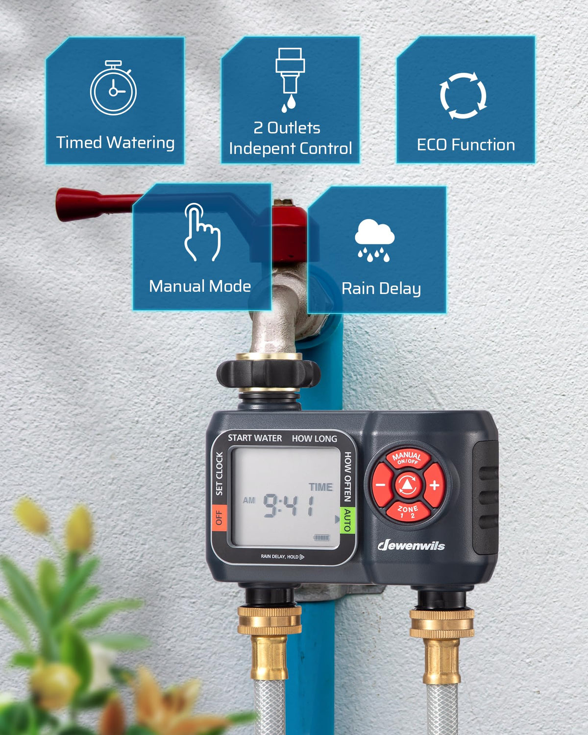 DEWENWILS programmable controls enable quick setup of watering schedules.