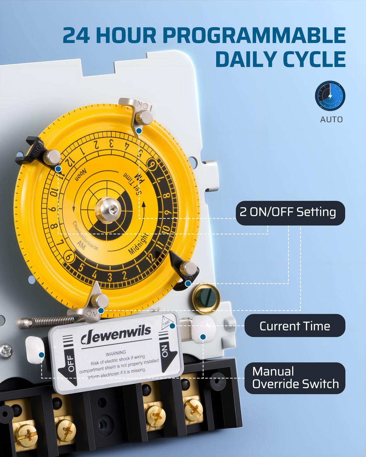 DEWENWILS timer inside wiring guides clear marks help quick setup and safe connections.