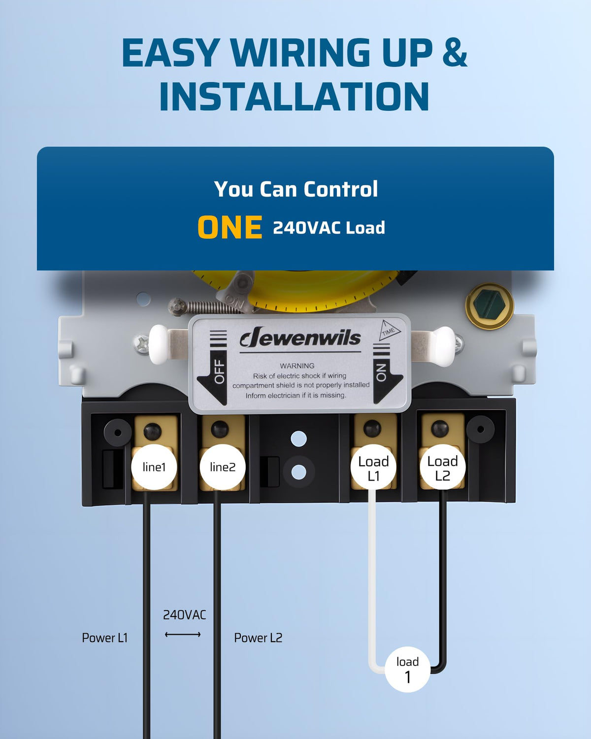 DEWENWILS timer weatherproof image emphasizes IP44 rating for harsh conditions.