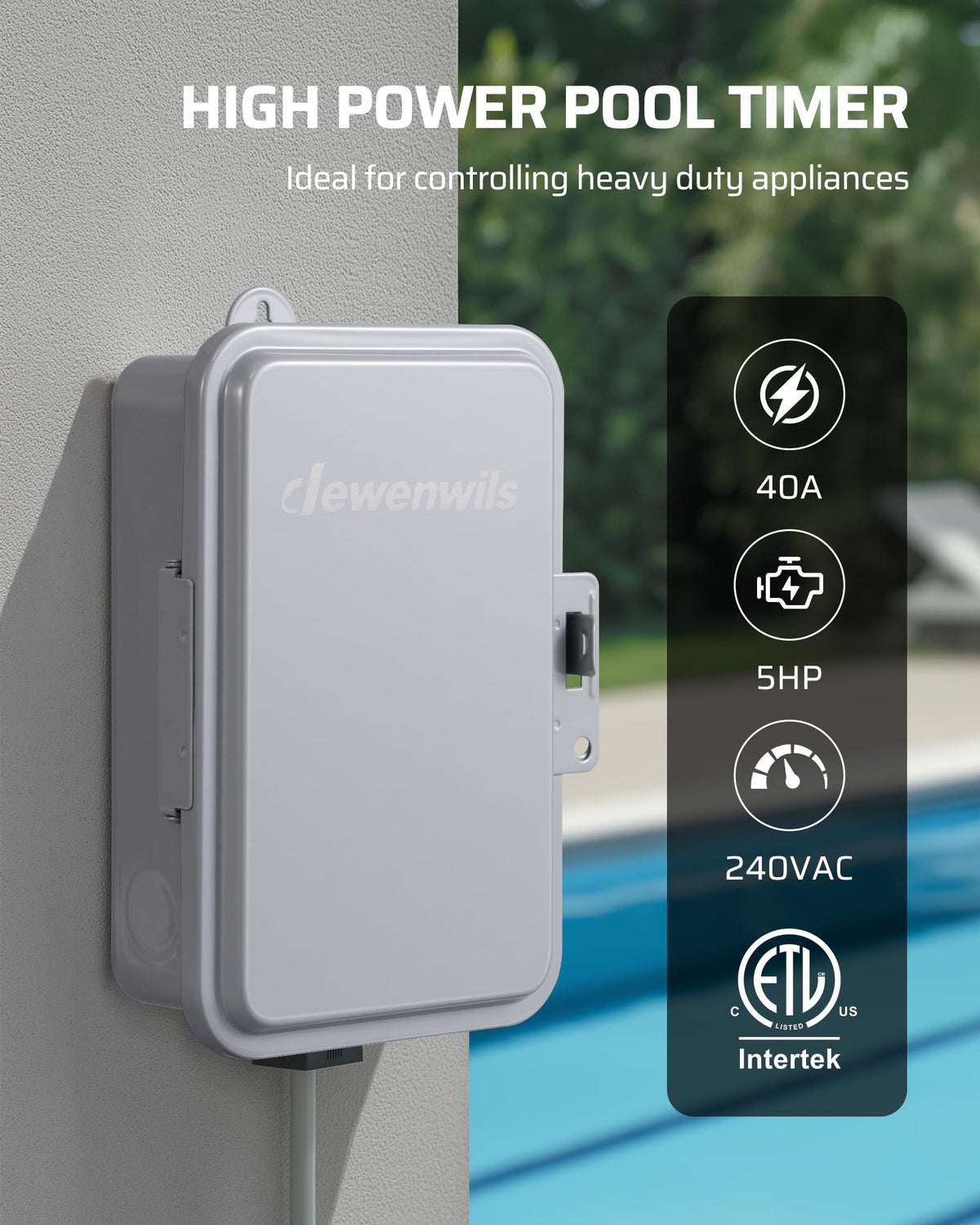 DEWENWILS timer metal enclosure outdoor image highlights rugged housing for outdoor installations.