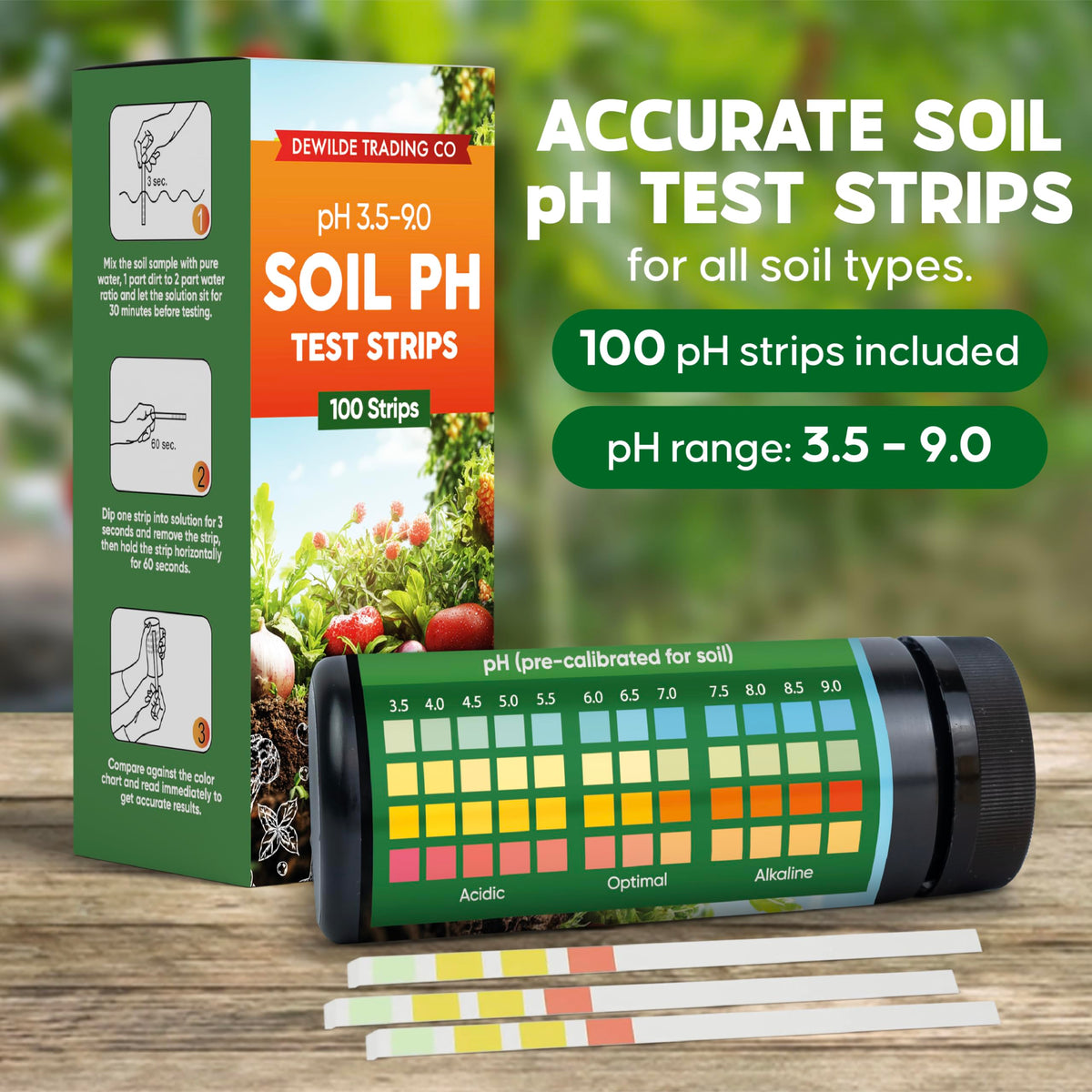 Dewilde Trading Co 100-strip pack ready for garden soil testing
