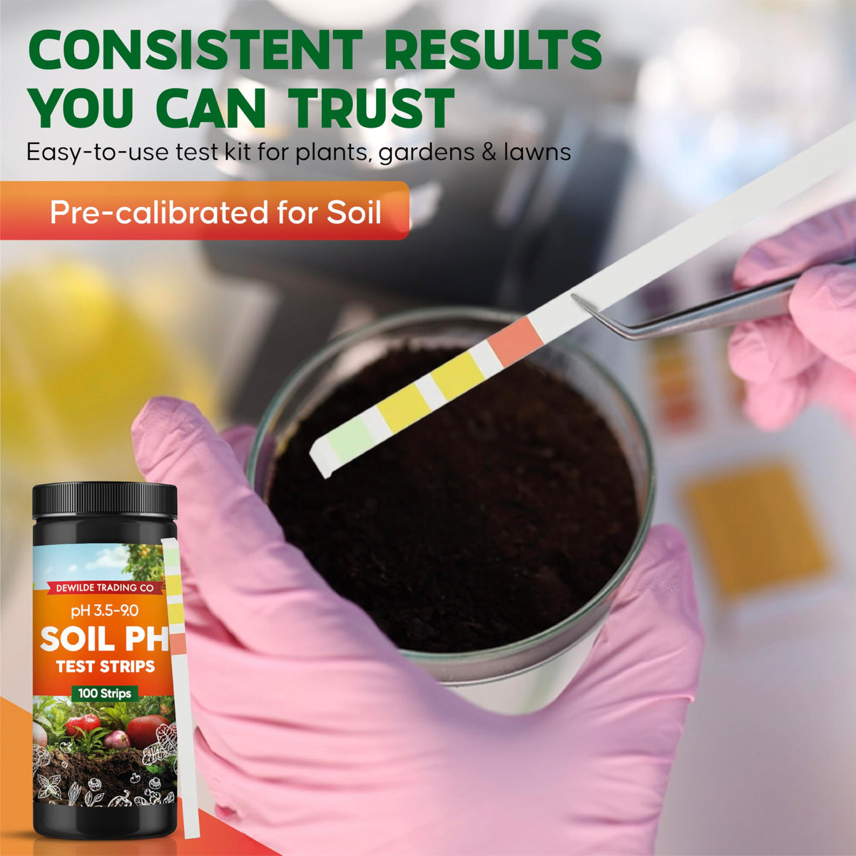 Close-up of color chart on Dewilde soil pH strips bottle