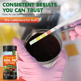 Close-up of color chart on Dewilde soil pH strips bottle