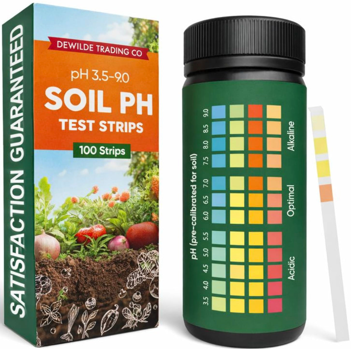 Dewilde Trading Co soil pH test strips bottle for at-home testing