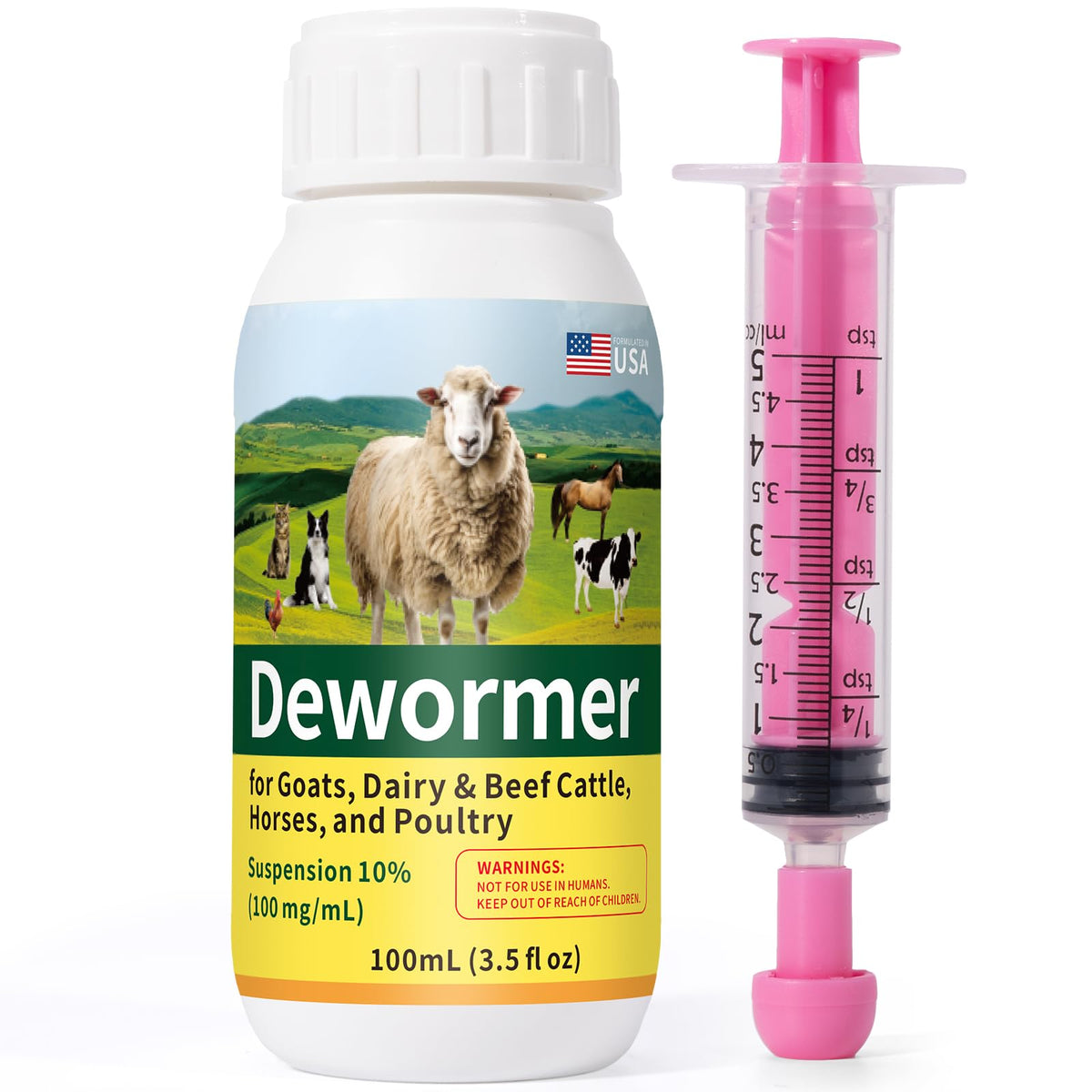 Dewormer Fenbendazole 100ml bottle for broad parasite control on farms.