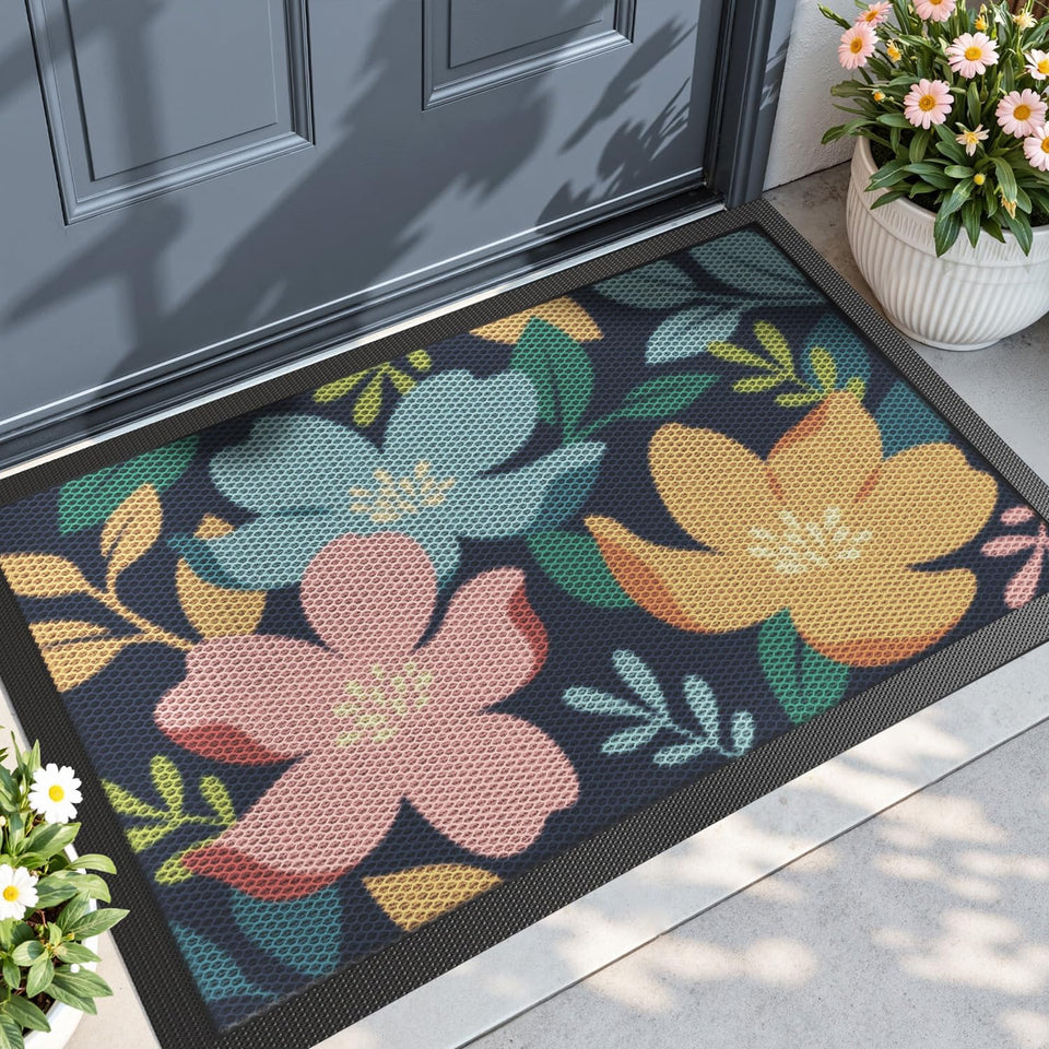 DEXI front door mat with a colorful floral pattern that traps dirt at the doorway.