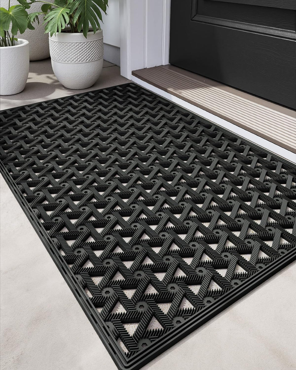 DEXI front door mat outside entrance shows sturdy grip and dirt trapping for busy entryways.