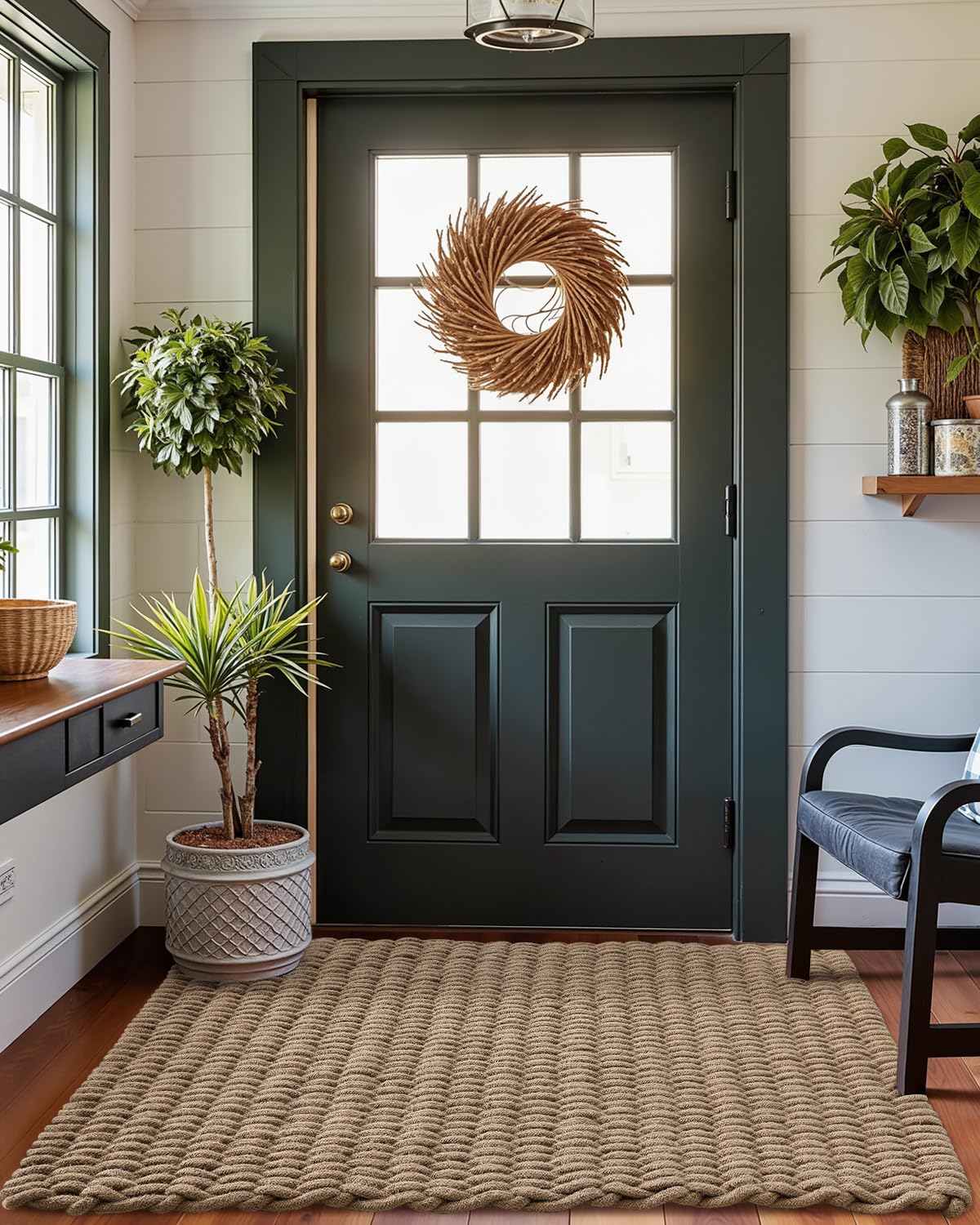 DEXI jute door mat dirt-trap feature reduces indoor mess after muddy shoes.