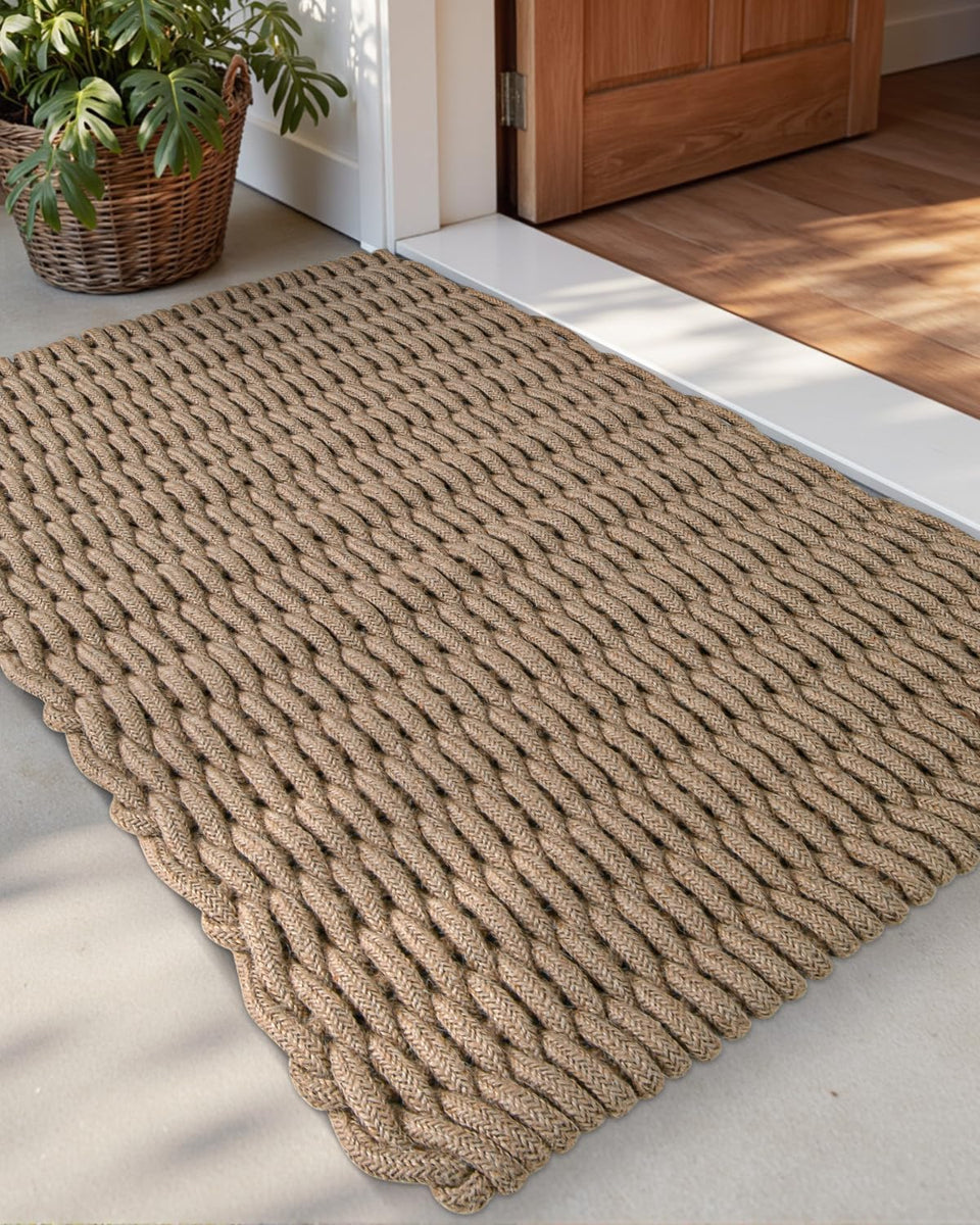 DEXI jute door mat at the front entryway traps dirt and moisture for cleaner floors.