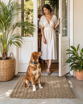 DEXI jute door mat neutral tone complements decor and welcomes guests.