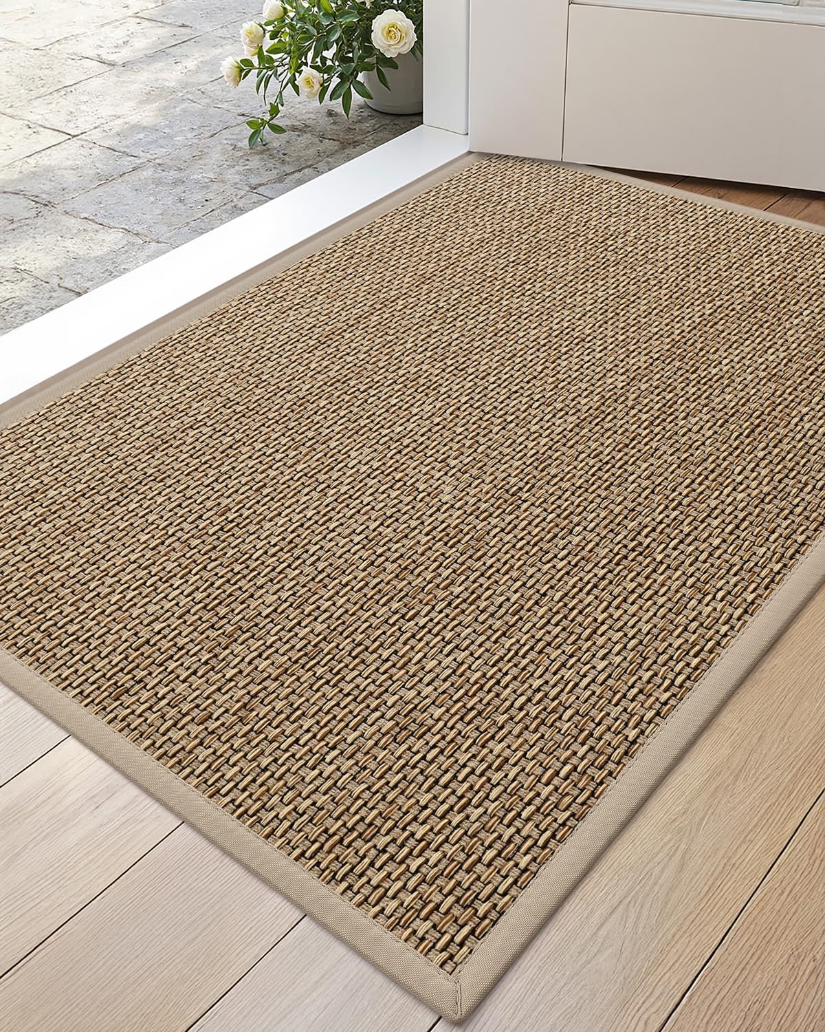 DEXI Ultra Thin Entryway Mat beige top view showing dirt-trapping surface
