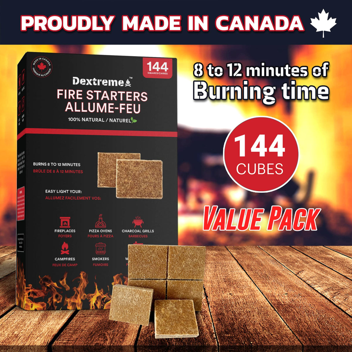 Dextreme fire starter cubes made from wood and wax for clean ignition.