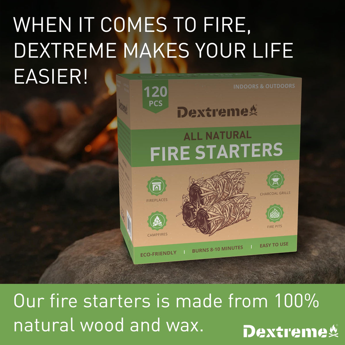 Dextreme fire starter lit corner demonstrates rapid ignition in seconds.