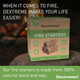 Dextreme fire starter lit corner demonstrates rapid ignition in seconds.