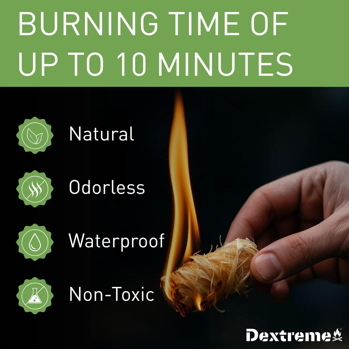 Dextreme fire starter raw materials reveal natural wax and wood wool for clean burning.