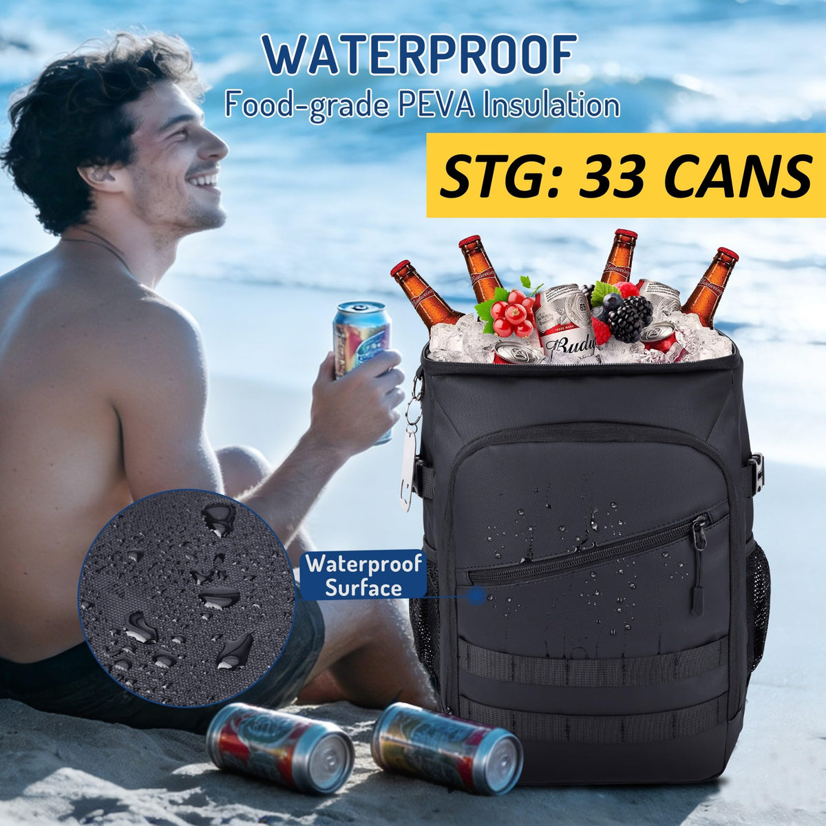 DEYACE Cooler Backpack insulated compartments keep drinks cool during activities.
