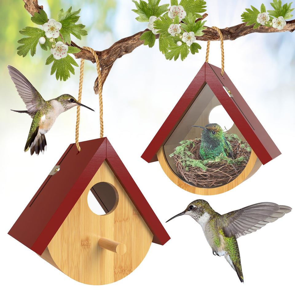 DFANG hummingbird house front view shows inviting red top for nesting.