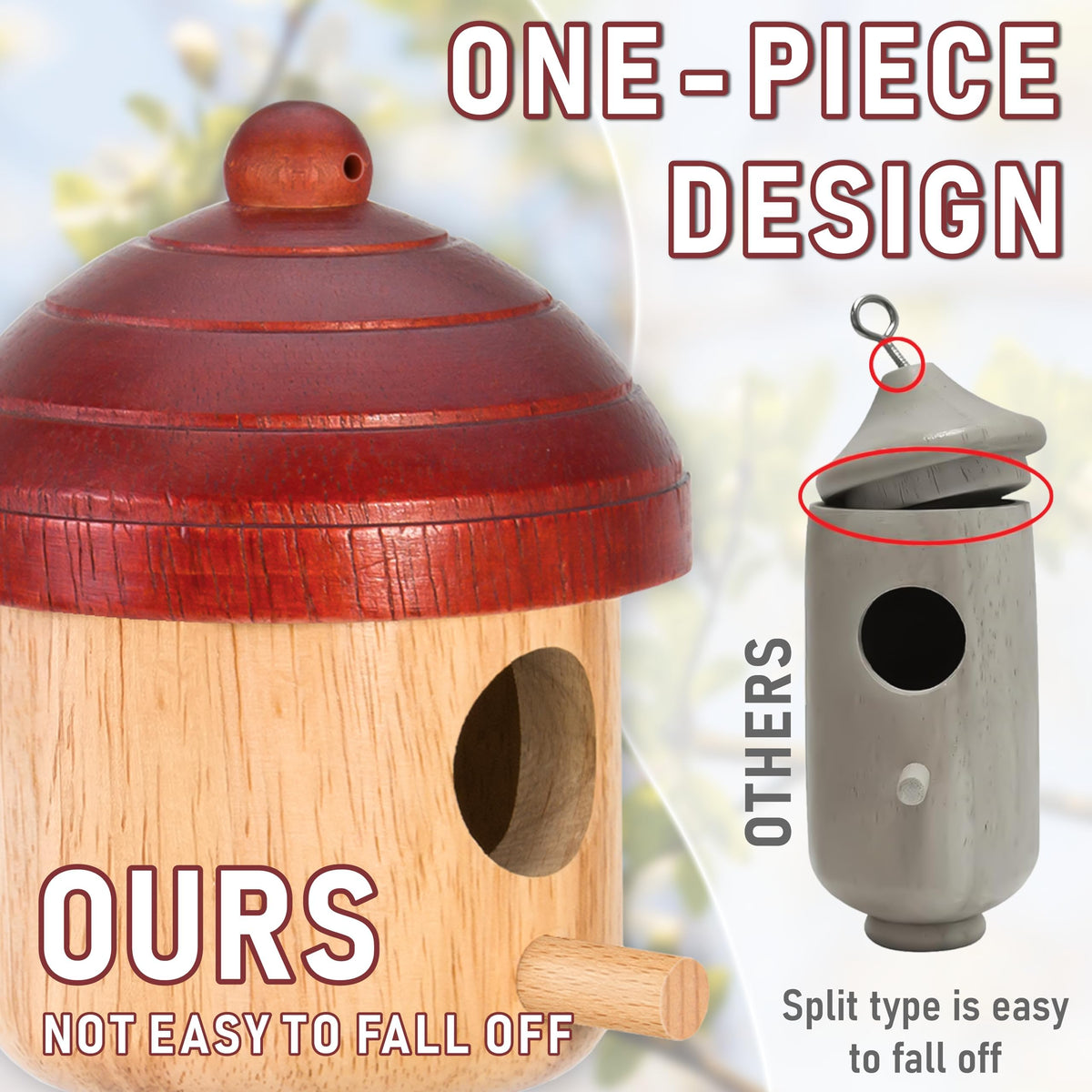 DFANG wooden bird house with red acorn top attracts hummingbirds to nest