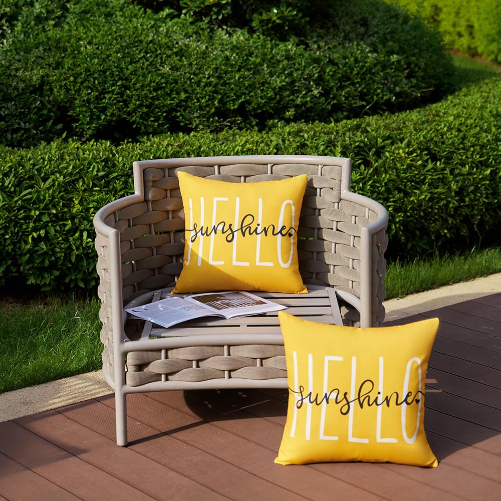 DFXSZ Hello Sunshine pillow cover brightens sofa with cheerful outdoor decor.