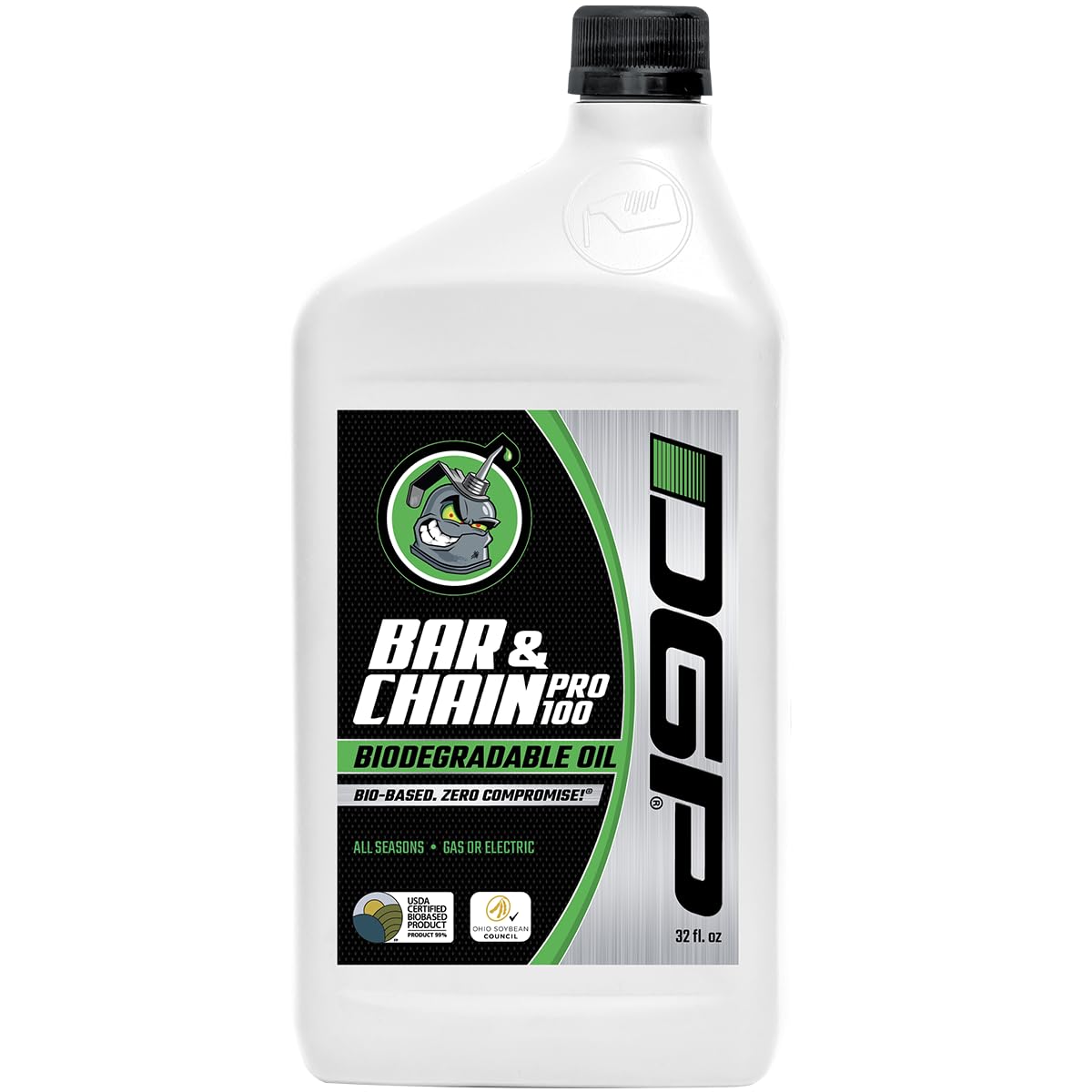 DGP Pro100 biodegradable bar oil bottle pour for easy, mess-free application.
