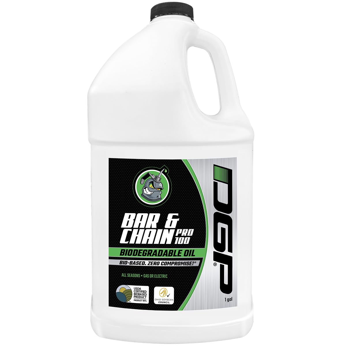 DGP Pro100 biodegradable bar oil bottle being poured for eco-friendly chainsaw lubrication.