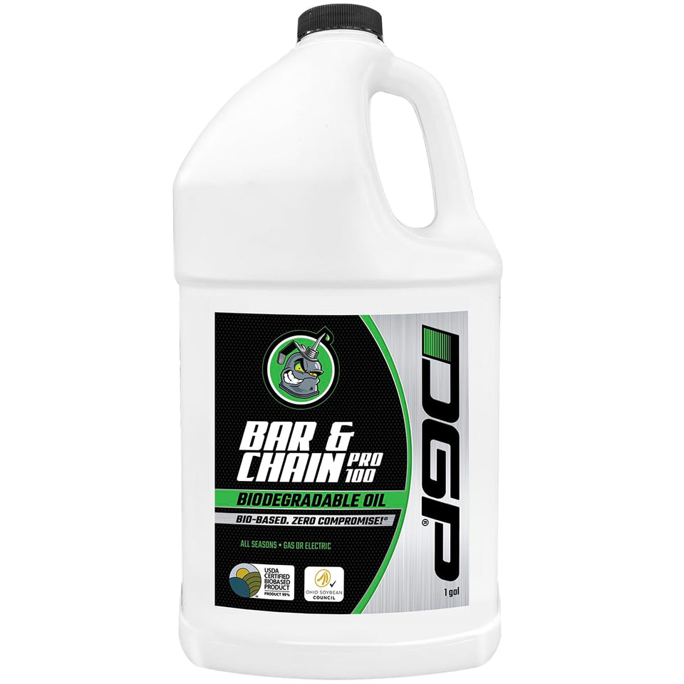 DGP Pro100 biodegradable bar oil bottle being poured for eco-friendly chainsaw lubrication.